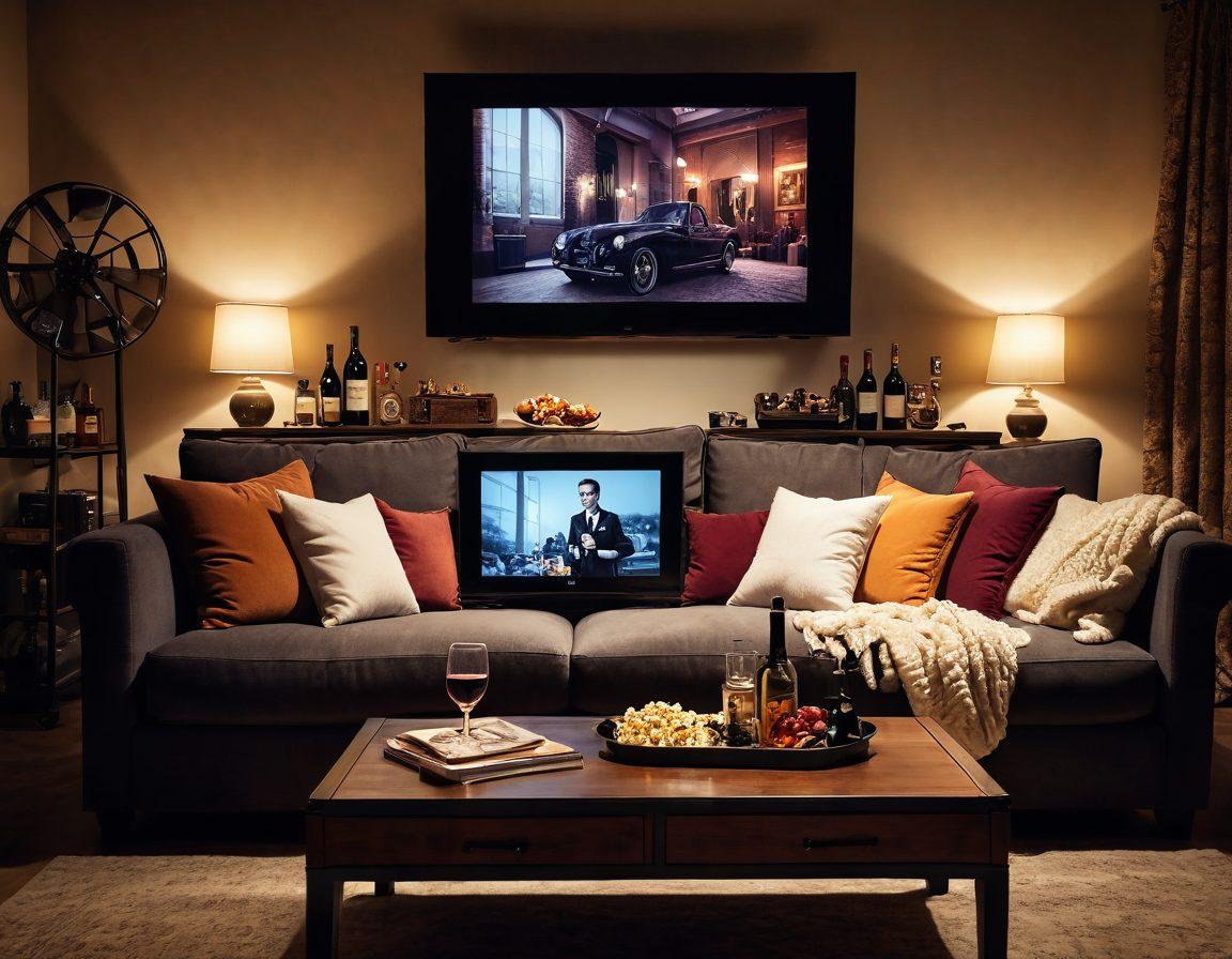 A cozy living room scene featuring a plush couch with stylish throw pillows, a large screen displaying a classic film, and an elegant wine setup on a coffee table with a selection of different wines and gourmet popcorn. Dim ambient lighting to create a cinematic atmosphere, accented by fairy lights around the room. Include film reels and vintage cameras subtly placed in the background for added flair. super-realistic. warm colors. inviting atmosphere.