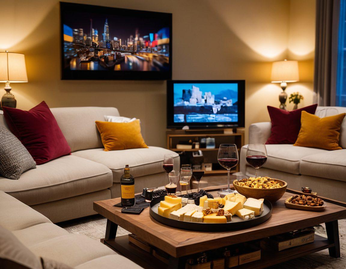 A cozy living room setting with a plush sofa, a projector screen displaying a classic movie scene, and an elegant wine setup on a coffee table. A diverse array of wine glasses and artisanal cheese pairings surround a popcorn bowl, casting a warm glow from soft ambient lighting. Include a connection of people enjoying the experience together, with a bottle of wine prominently featured. Soft, inviting colors. 3D.