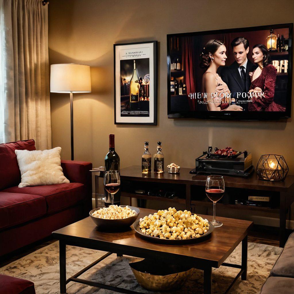 A cozy living room setting with a large screen displaying an inviting movie scene. A stylish table holds an array of elegant wine glasses, an exquisite bottle of wine, and a popcorn bowl. Soft, warm lighting creates an intimate atmosphere, with plush seating and decorative pillows. In the background, movie posters adorn the walls, blending a cinematic vibe with a wine appreciation theme. super-realistic. warm colors. cozy ambiance.
